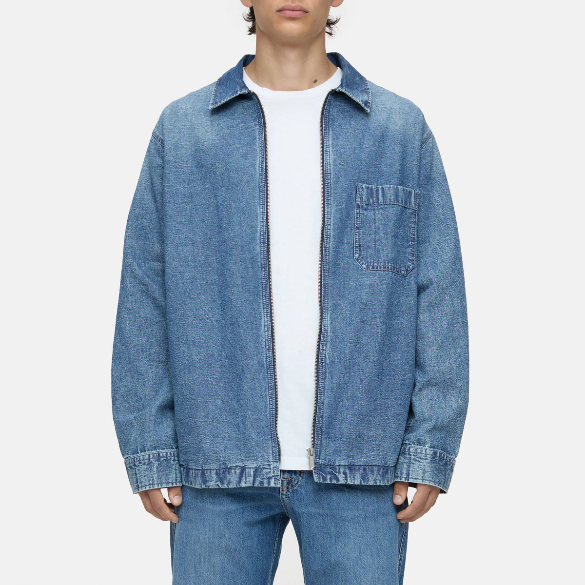 Zip-Front Blue Denim Overshirt with Chest Pocket