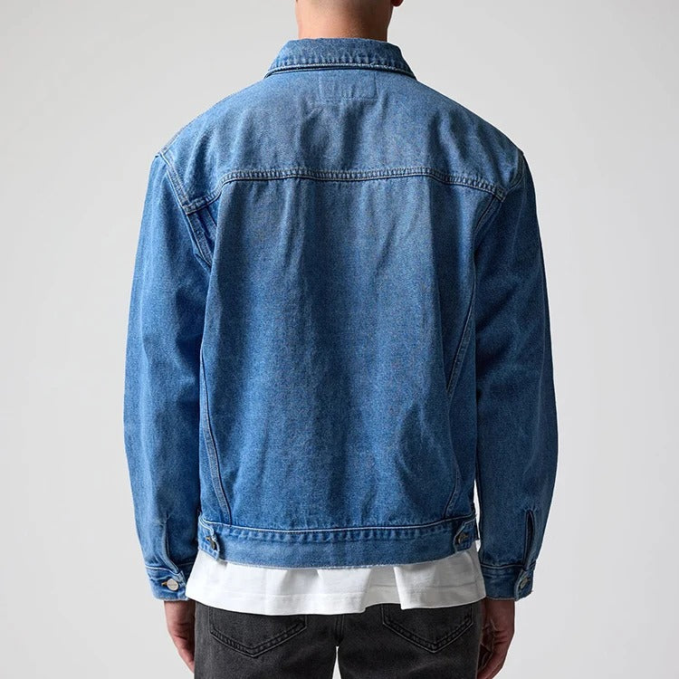 Denim Trucker Jacket in Mid-Blue Wash with Button Front