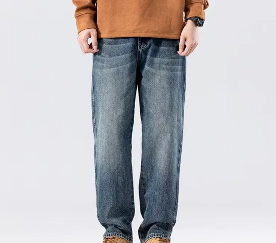 Straight-Leg Blue Denim Jeans with Faded Wash and Flap Back Pocket