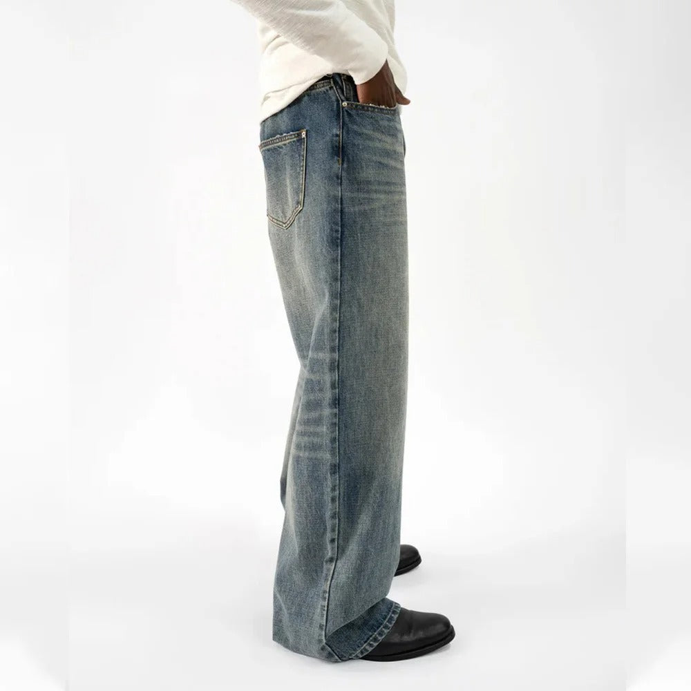 Wide-Leg Blue Denim Jeans with Faded Vintage Wash and Whiskering