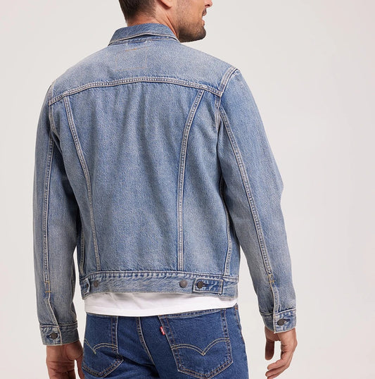 Blue Denim Trucker Jacket with Faded Wash and Button Front
