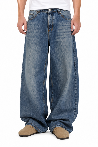 Wide-Leg Blue Denim Jeans with Streaky Wash and Waistband Detail