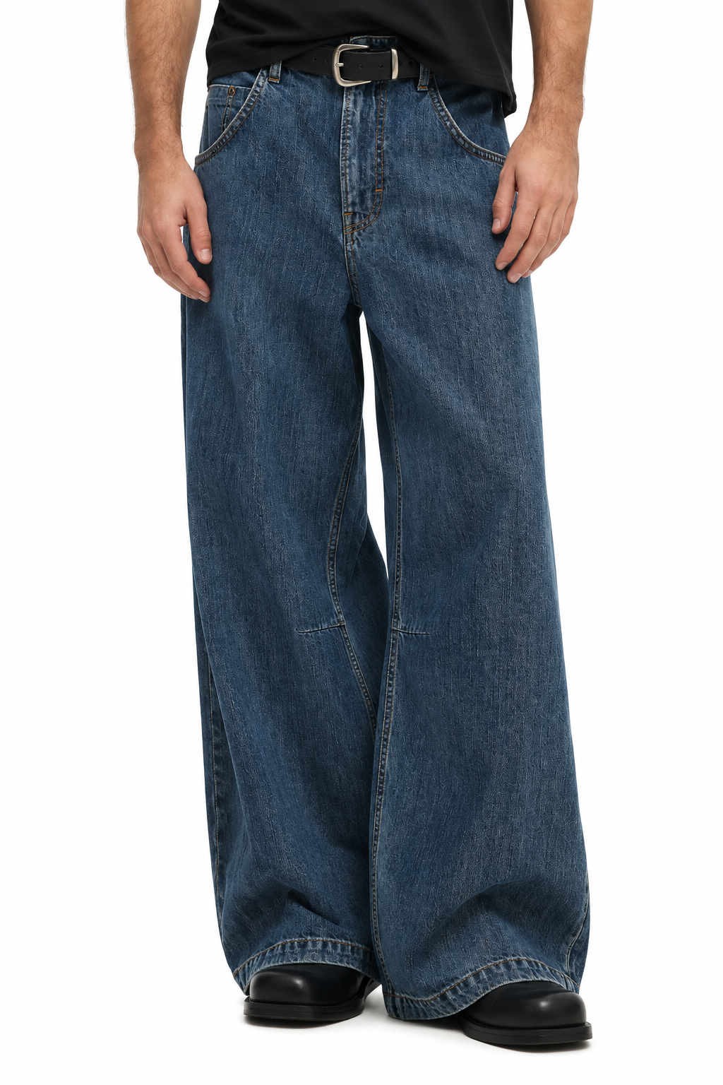Wide-Leg Dark Blue Denim Jeans with Flap Back Pockets