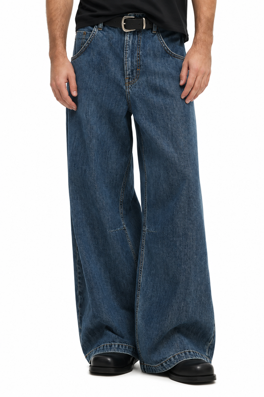 Wide-Leg Dark Blue Denim Jeans with Flap Back Pockets