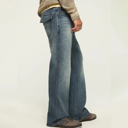 Bootcut Blue Denim Jeans with Faded Wash and Flap Back Pockets