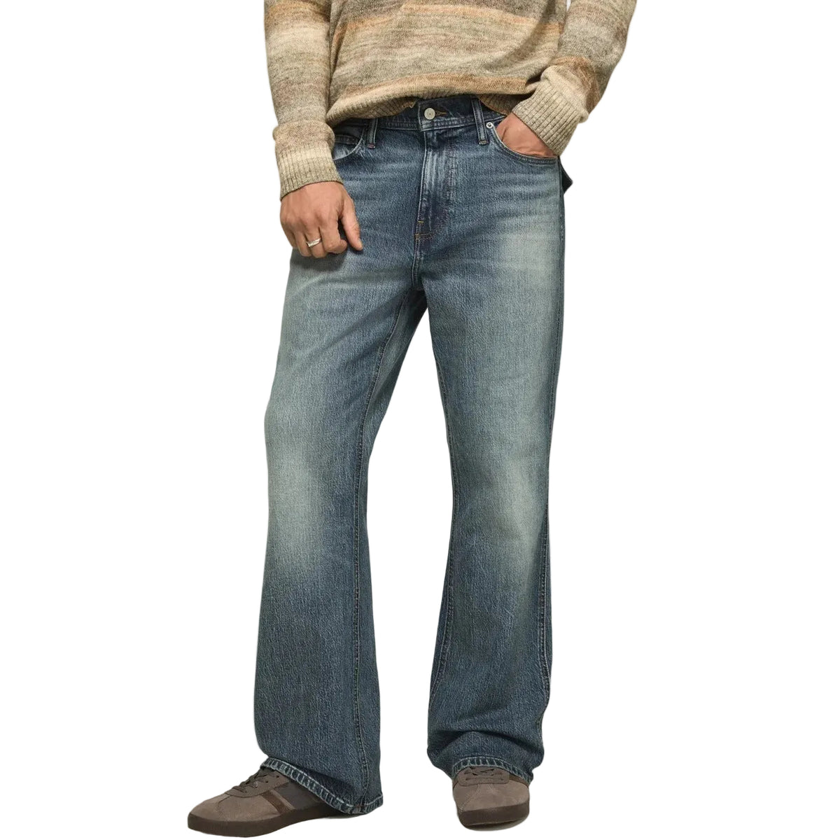 Bootcut Blue Denim Jeans with Faded Wash and Flap Back Pockets