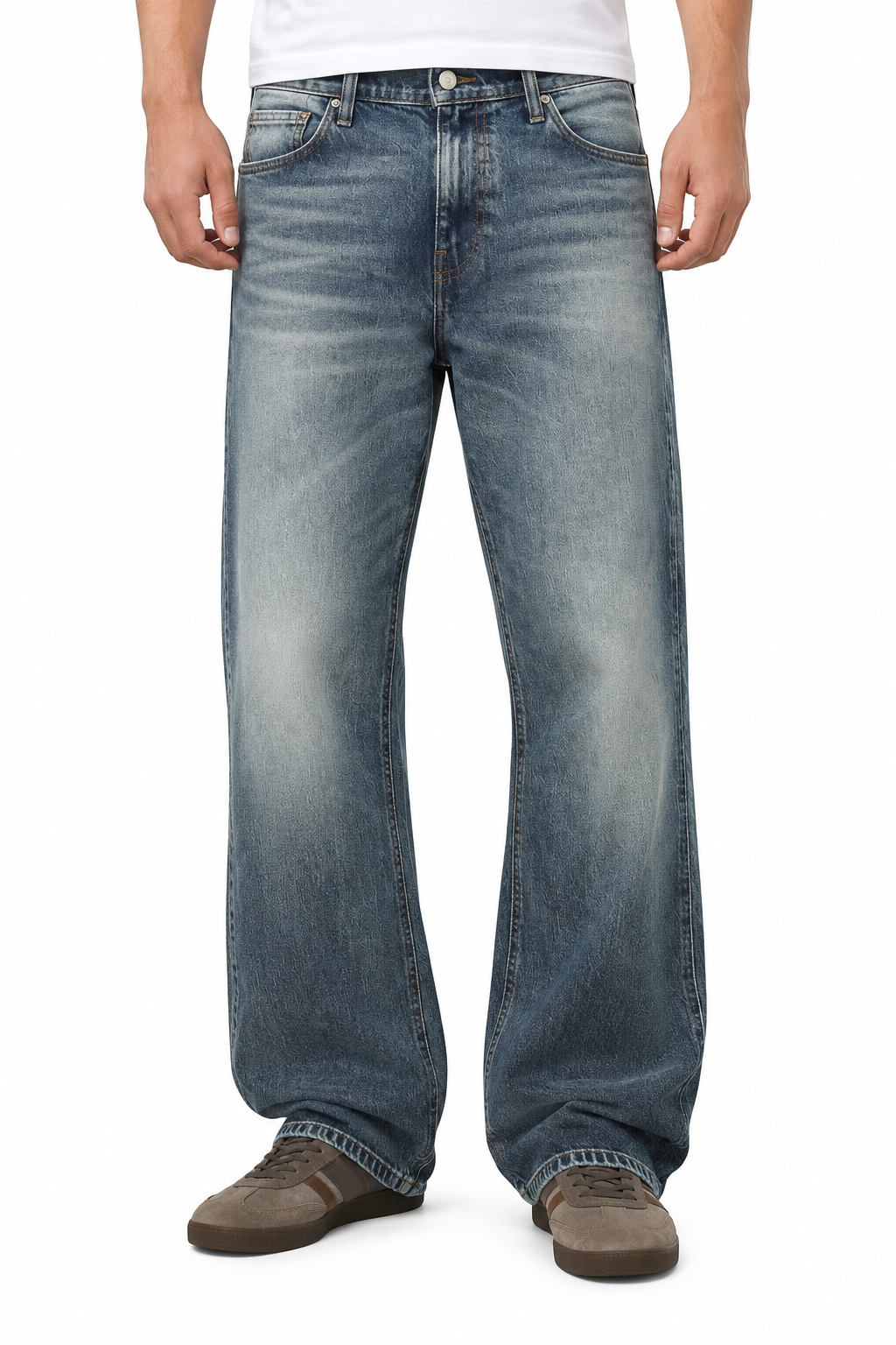 Bootcut Blue Denim Jeans with Faded Wash and Flap Back Pockets