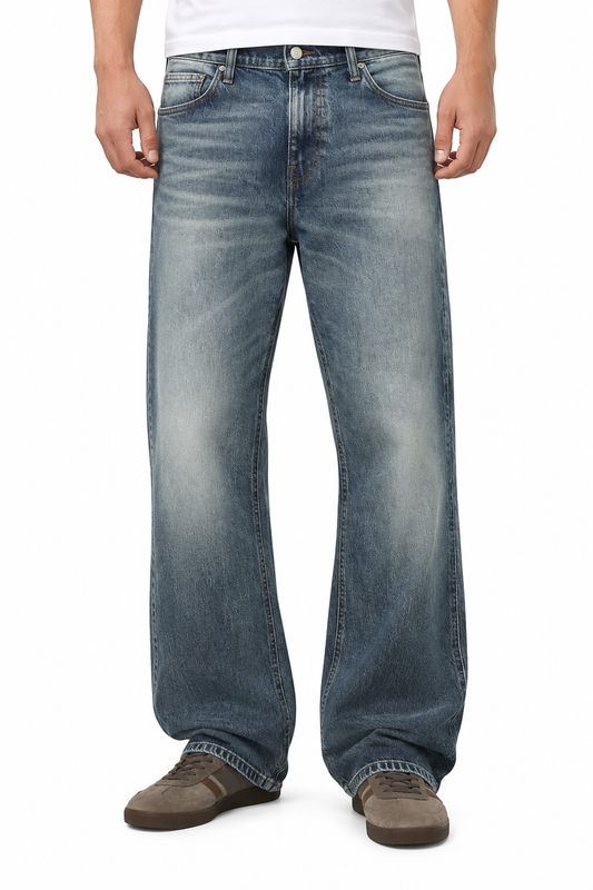 Bootcut Blue Denim Jeans with Faded Wash and Flap Back Pockets