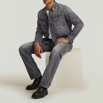 Denim Trucker Jacket in Grey Wash with Contrast Stitching