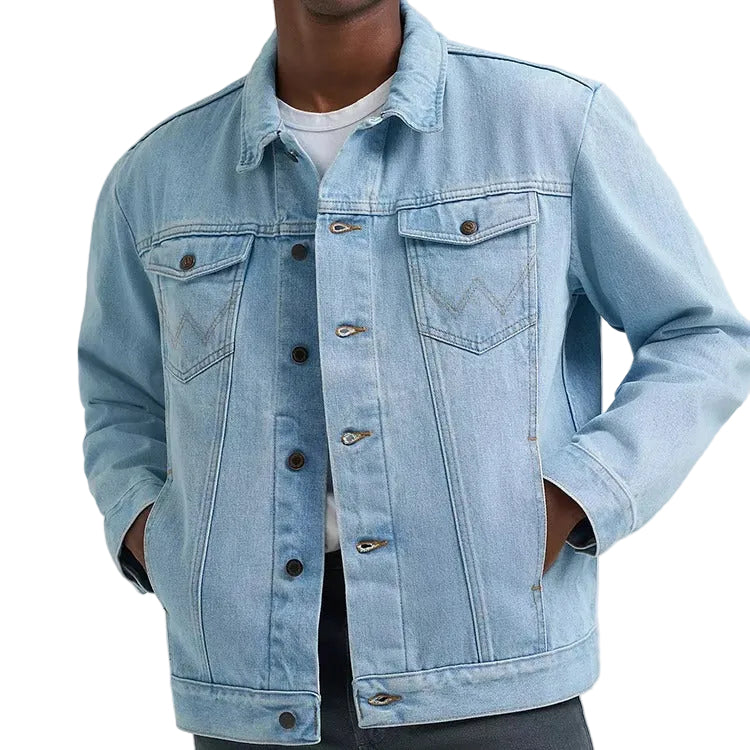 Denim Trucker Jacket in Light Wash with W-Stitch Chest Pockets