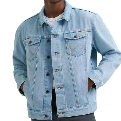 Denim Trucker Jacket in Light Wash with W-Stitch Chest Pockets