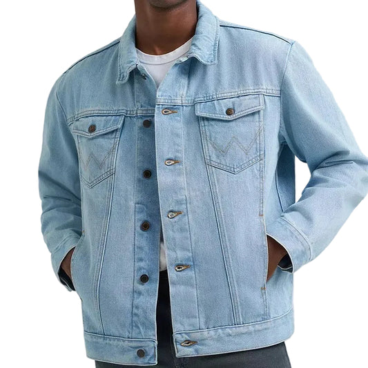 Denim Trucker Jacket in Light Wash with W-Stitch Chest Pockets