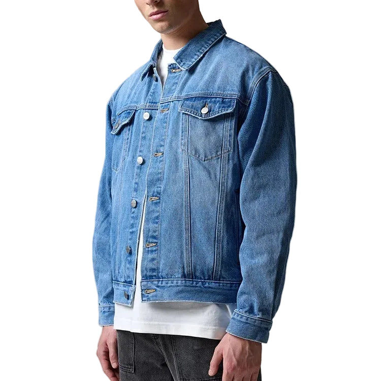 Denim Trucker Jacket in Mid-Blue Wash with Button Front