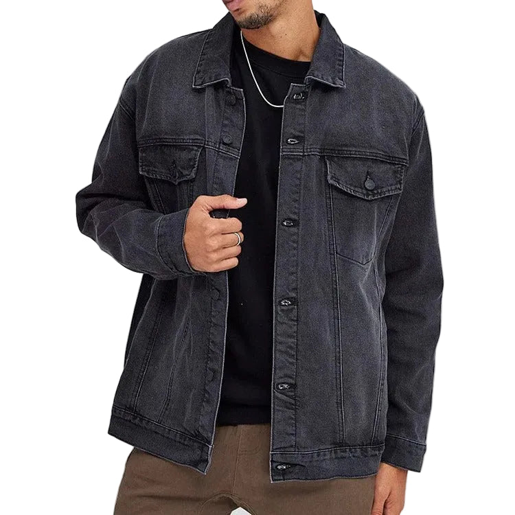 Denim Trucker Jacket in Washed Black with Button Front