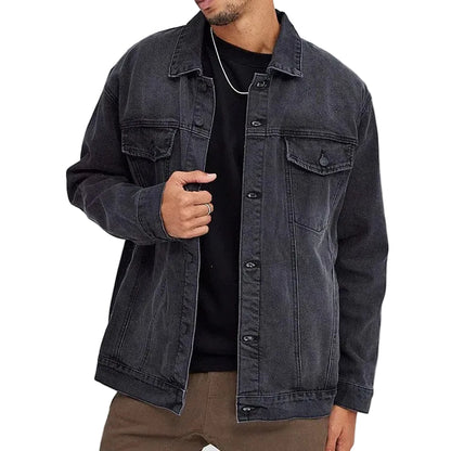 Denim Trucker Jacket in Washed Black with Button Front