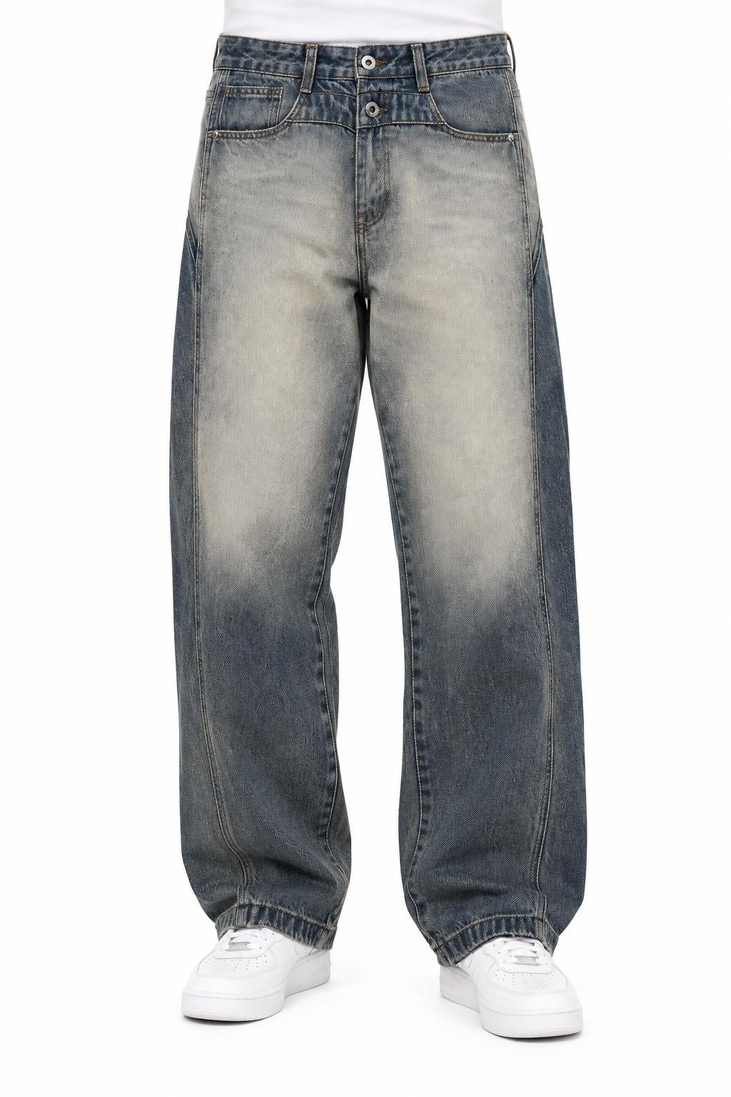 Wide-Leg Blue Denim Jeans with Faded Wash and Double-Button Waist