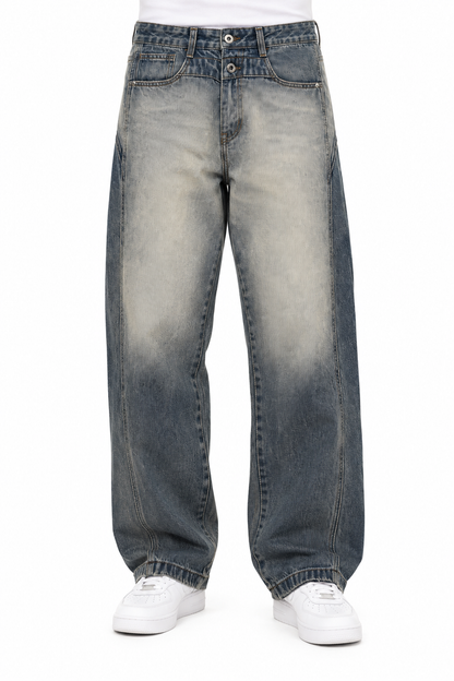 Wide-Leg Blue Denim Jeans with Faded Wash and Double-Button Waist