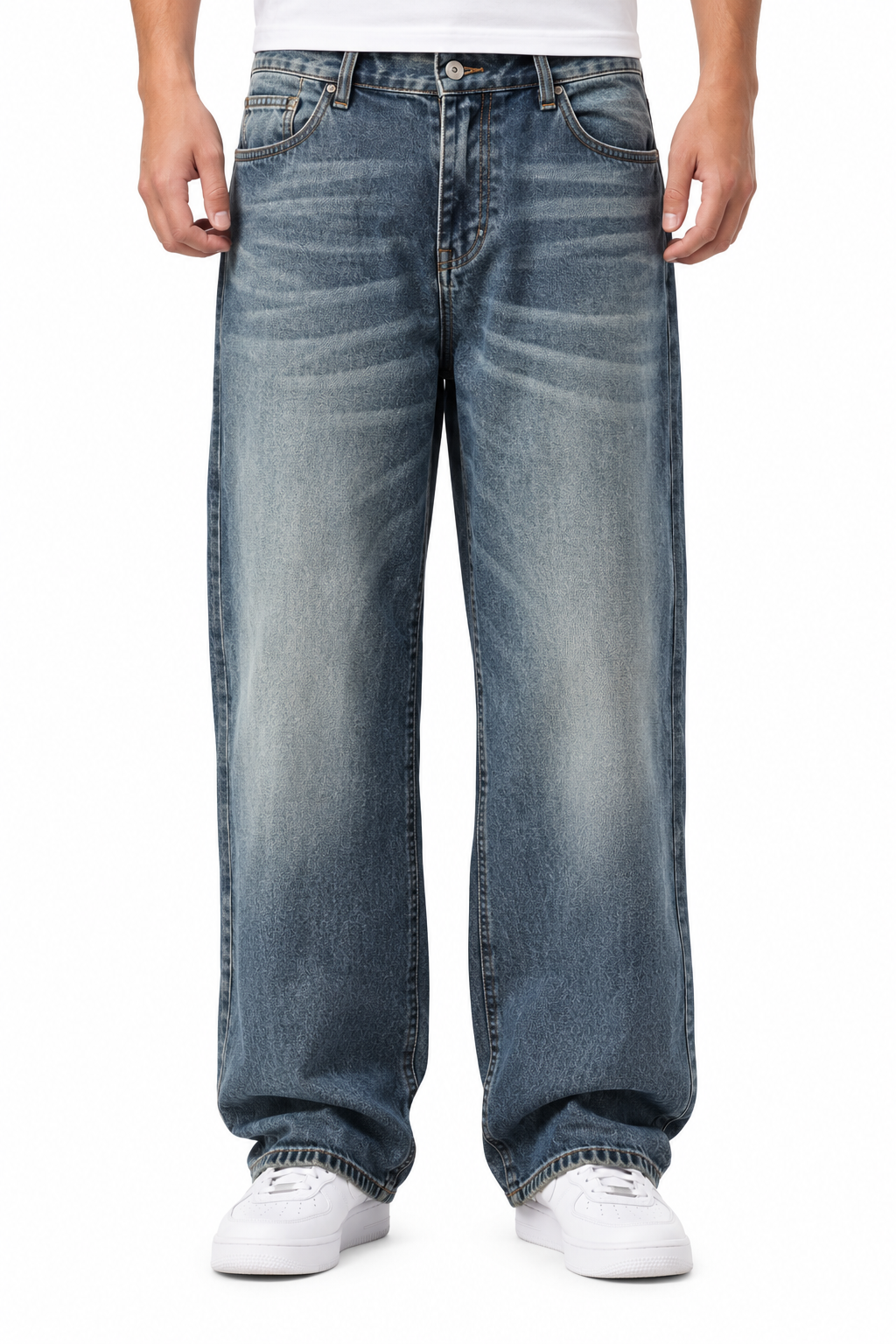Straight-Leg Blue Denim Jeans with Faded Wash and Flap Back Pocket