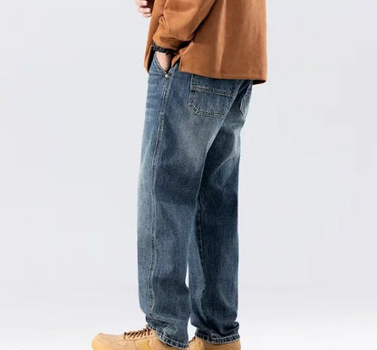Straight-Leg Blue Denim Jeans with Faded Wash and Flap Back Pocket