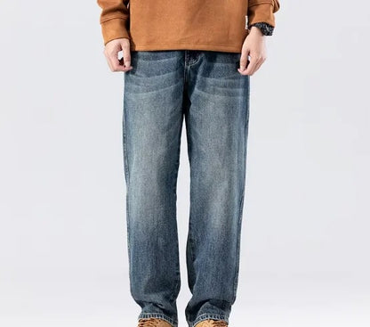 Straight-Leg Blue Denim Jeans with Faded Wash and Flap Back Pocket