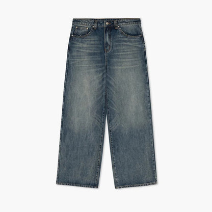 Wide-Leg Blue Denim Jeans with Faded Vintage Wash and Whiskering