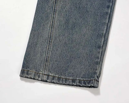Wide-Leg Blue Denim Jeans with Faded Wash and Double-Button Waist
