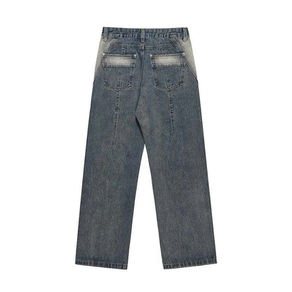Wide-Leg Blue Denim Jeans with Faded Wash and Double-Button Waist