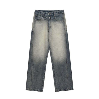Wide-Leg Blue Denim Jeans with Faded Wash and Double-Button Waist