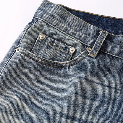 Wide-Leg Blue Denim Jeans with Faded Wash and Whiskering