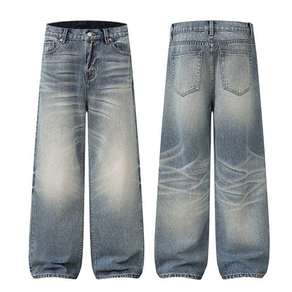 Wide-Leg Blue Denim Jeans with Faded Wash and Whiskering