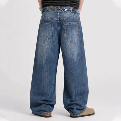 Wide-Leg Blue Denim Jeans with Streaky Wash and Waistband Detail