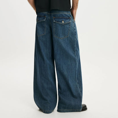 Wide-Leg Dark Blue Denim Jeans with Flap Back Pockets
