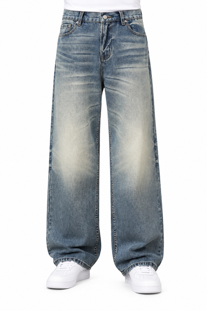 Wide-Leg Blue Denim Jeans with Faded Wash and Whiskering