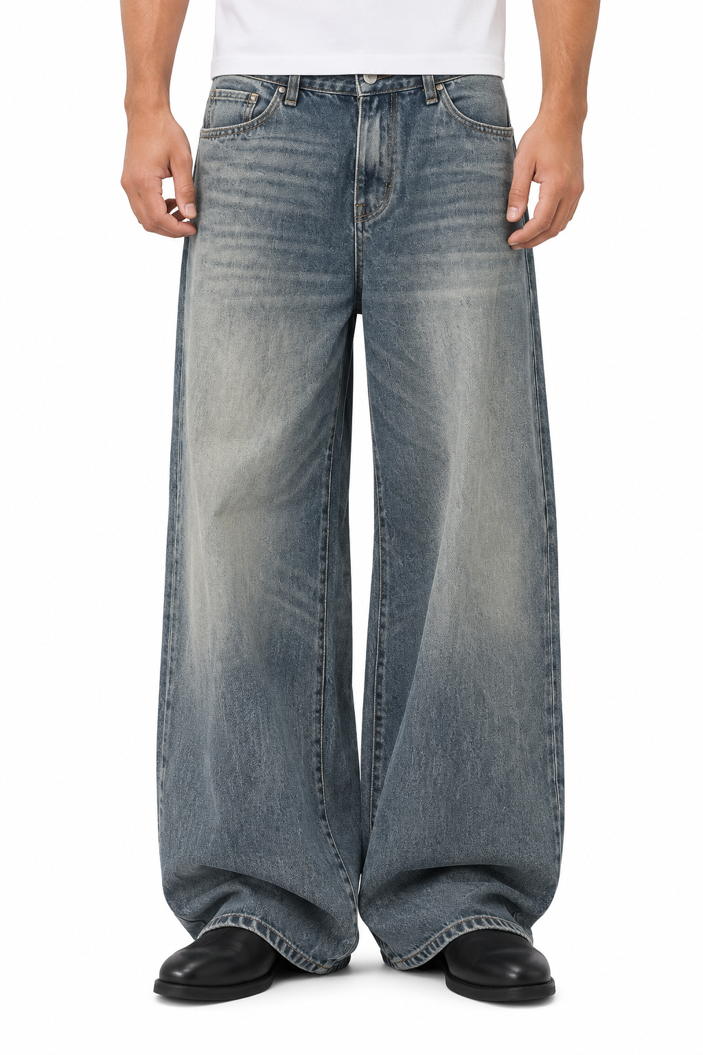 Wide-Leg Blue Denim Jeans with Faded Vintage Wash and Whiskering