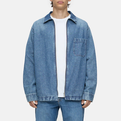 Zip-Front Blue Denim Overshirt with Chest Pocket