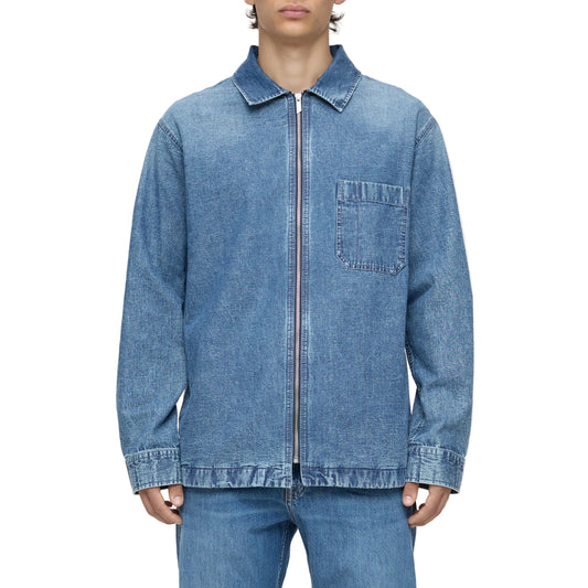 Zip-Front Blue Denim Overshirt with Chest Pocket
