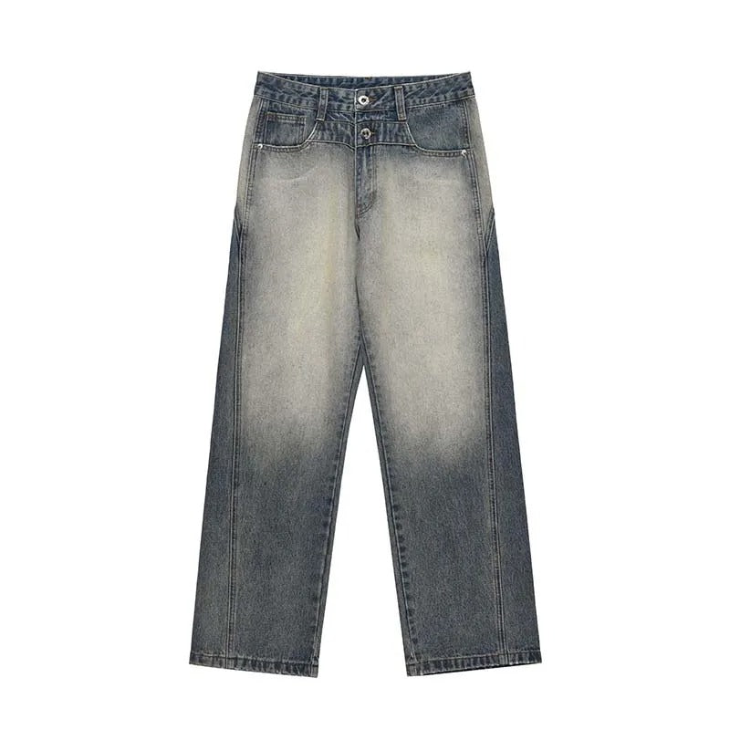 Wide-Leg Blue Denim Jeans with Faded Wash and Double-Button Waist