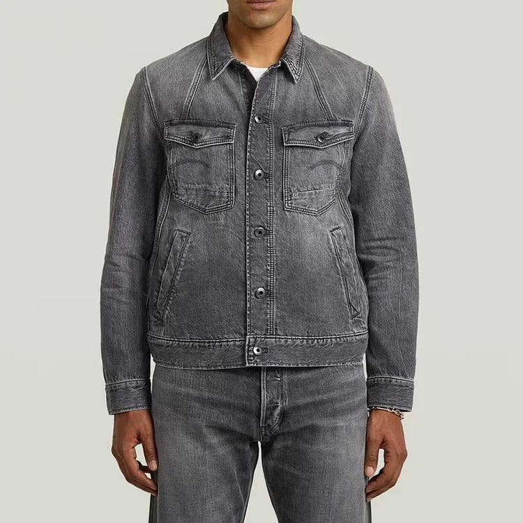 Denim Trucker Jacket in Grey Wash with Contrast Stitching