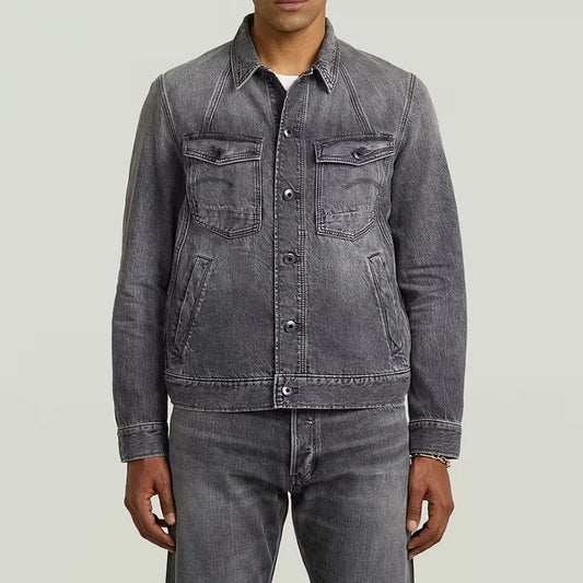 Denim Trucker Jacket in Grey Wash with Contrast Stitching