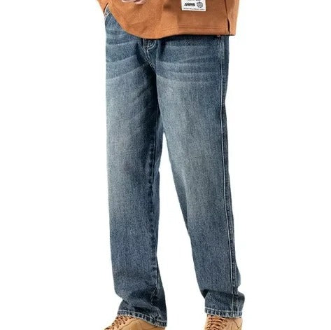 Straight-Leg Blue Denim Jeans with Faded Wash and Flap Back Pocket