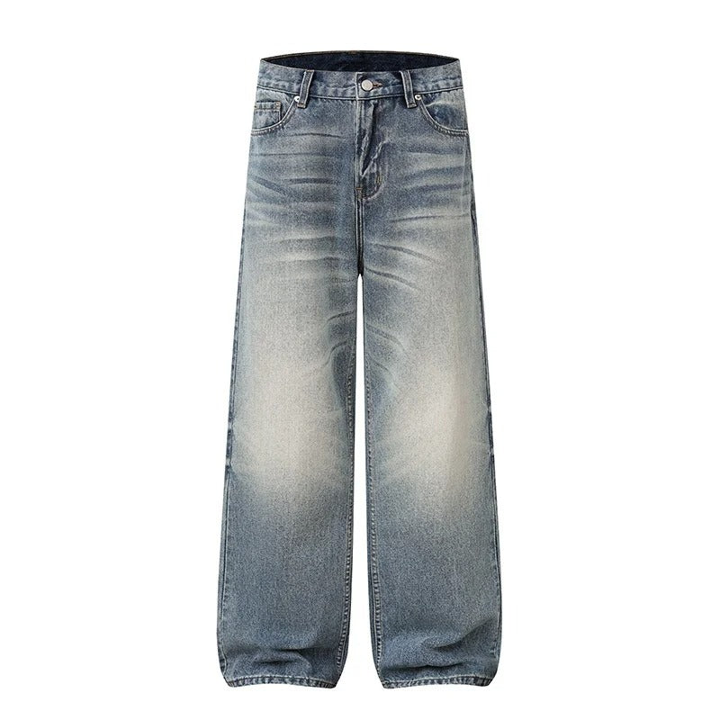 Wide-Leg Blue Denim Jeans with Faded Wash and Whiskering