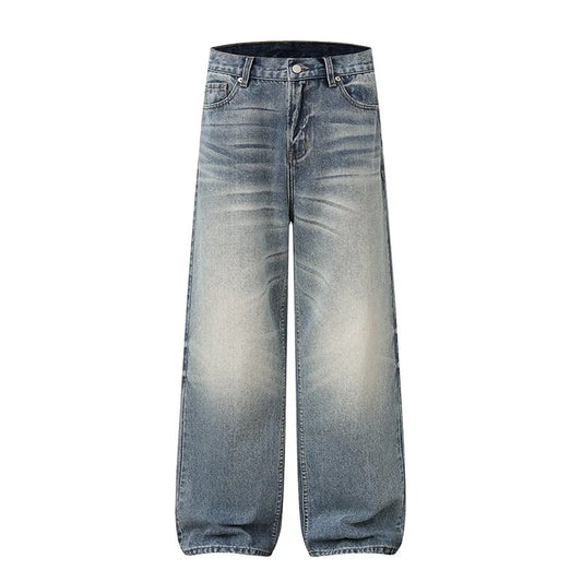 Wide-Leg Blue Denim Jeans with Faded Wash and Whiskering
