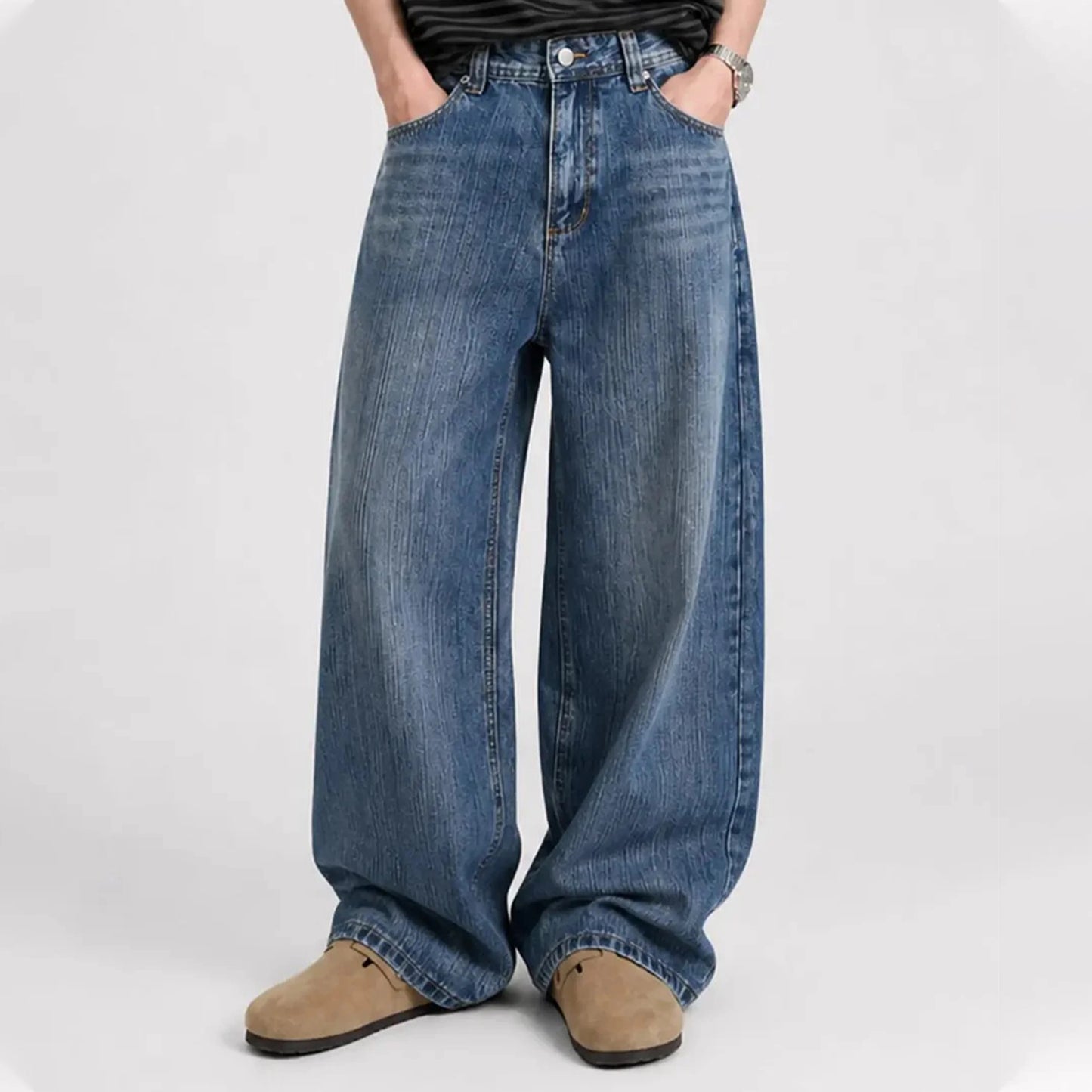 Wide-Leg Blue Denim Jeans with Streaky Wash and Waistband Detail