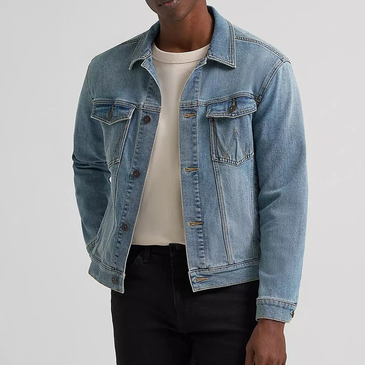Denim Trucker Jacket in Vintage Light-Blue Wash with Button Front