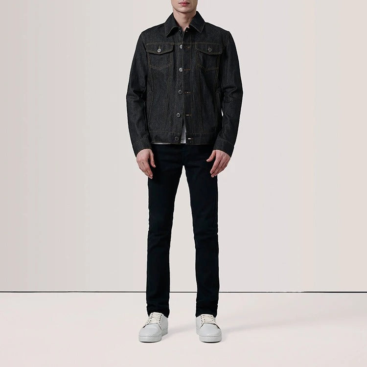 Denim Trucker Jacket in Raw Indigo with Contrast Stitching