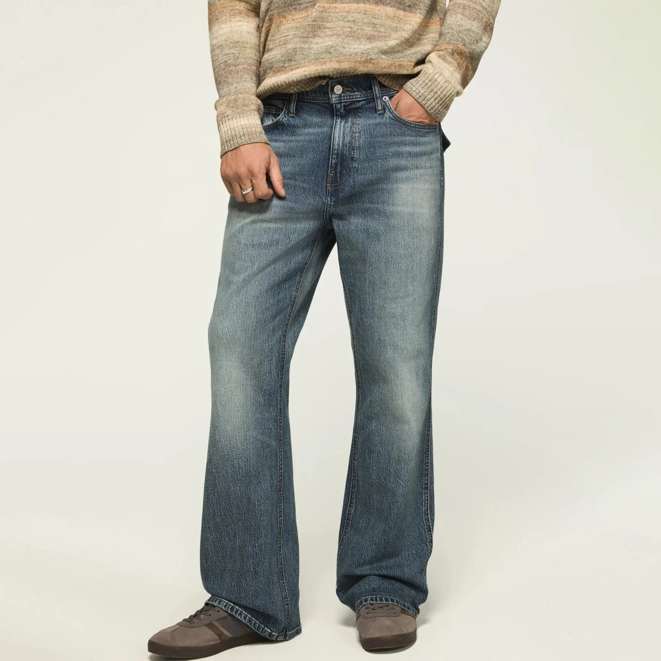 Bootcut Blue Denim Jeans with Faded Wash and Flap Back Pockets