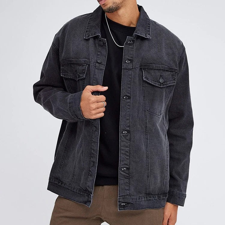 Denim Trucker Jacket in Washed Black with Button Front