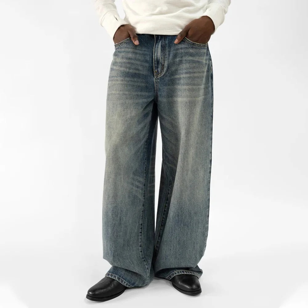 Wide-Leg Blue Denim Jeans with Faded Vintage Wash and Whiskering