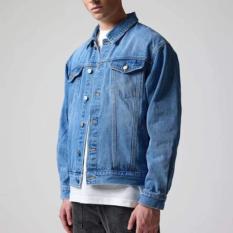 Denim Trucker Jacket in Mid-Blue Wash with Button Front