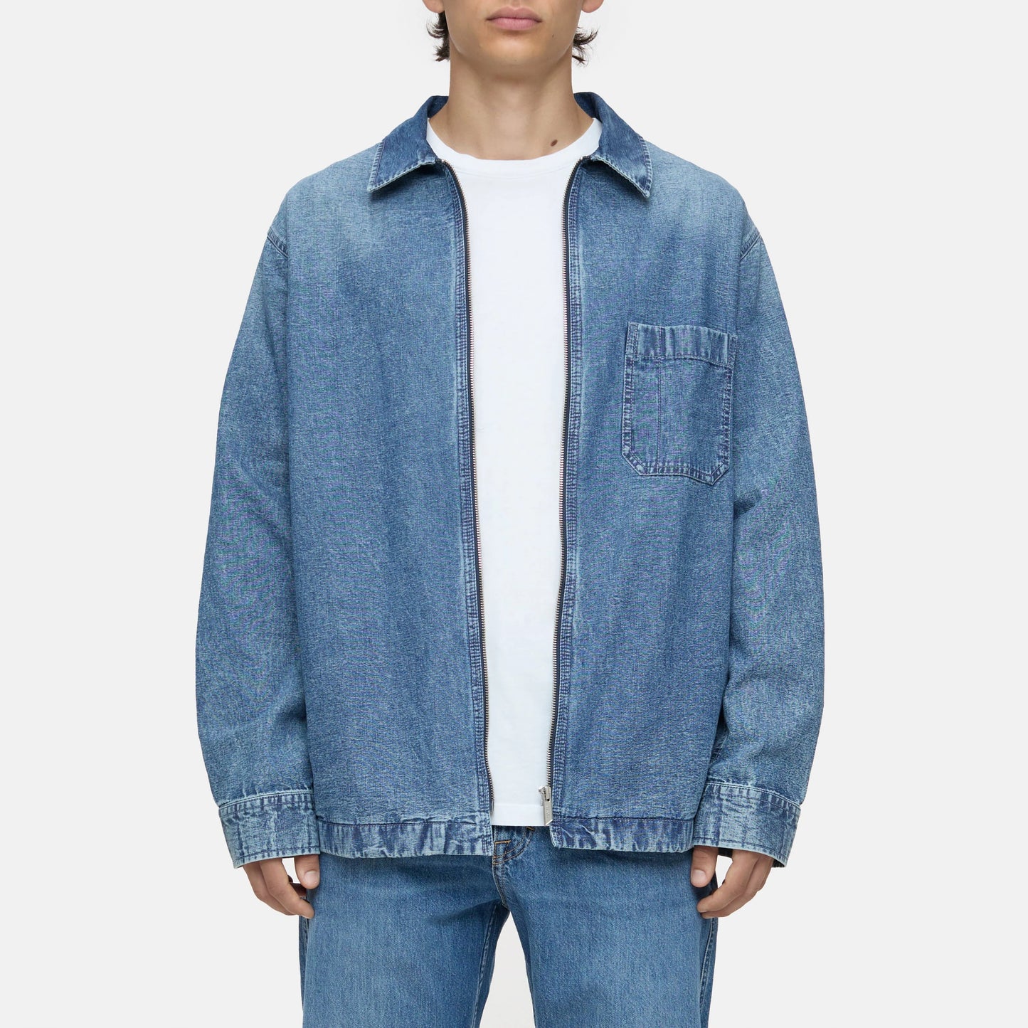Zip-Front Blue Denim Overshirt with Chest Pocket